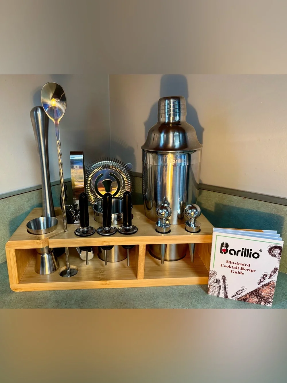 Barillio stainless steel bartending kit with bamboo stand- used once.